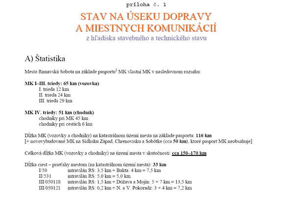 Príloha zo správy MsÚ o stave na úseku dopravy a miestnych komunikácií R. Soboty