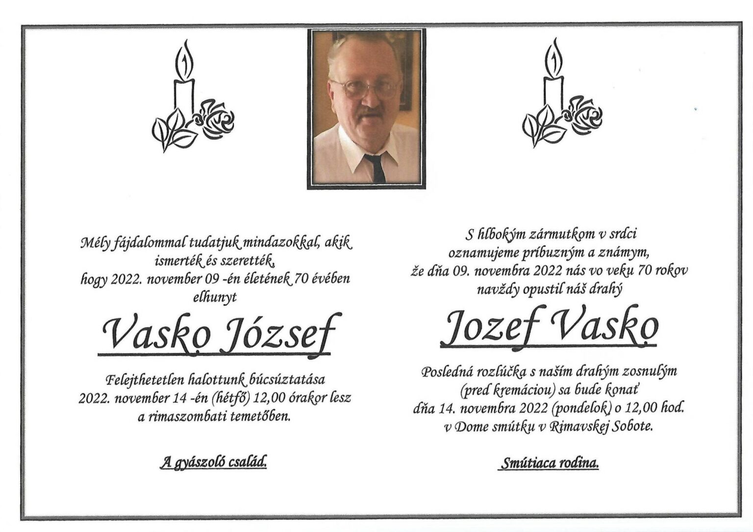 Smútočné oznámenie Jozef Vasko (†70)