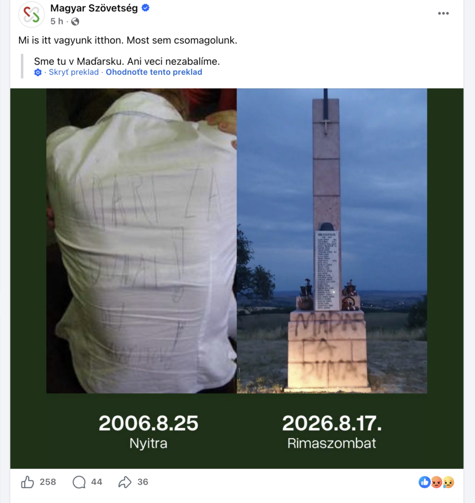 Maďarská aliancia a jeho príspevok na sociálnych sieťach.