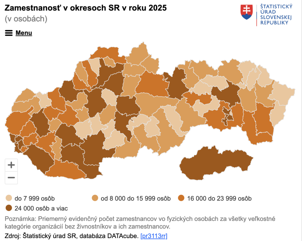 Rozdiely medzi regiónmi sú výrazné aj v počte zamestnancov. Zdroj: Štatistický úrad SR, databáza DATAcube.