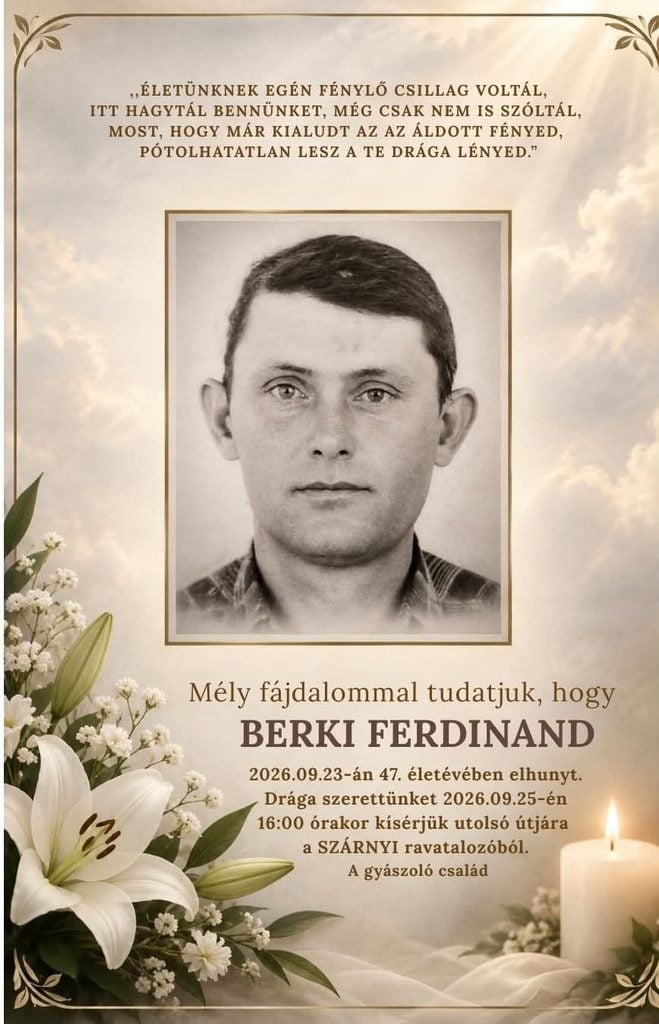 Berki Ferdinand, posledná rozlúčka 25. septembra 2026 v Stránskej