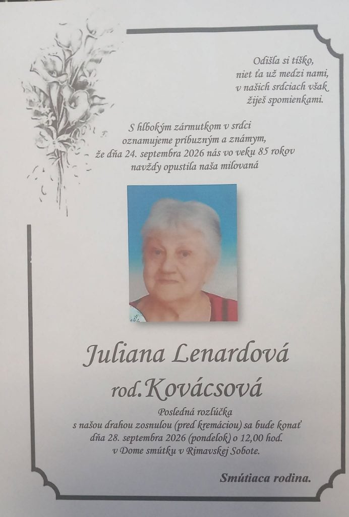 Parte – Juliana Lenardová, posledná rozlúčka 28. septembra 2026 v Rimavskej Sobote