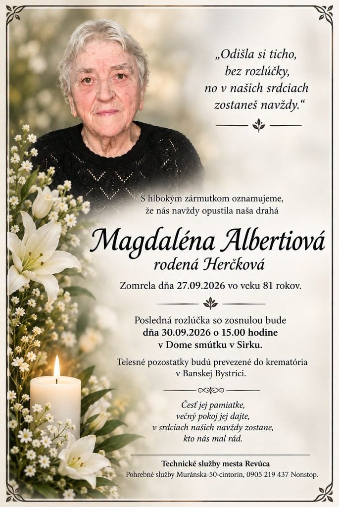 Magdaléna Albertiová, rod. Herčková, posledná rozlúčka 30. septembra 2026 v Dome smútku v Sirku