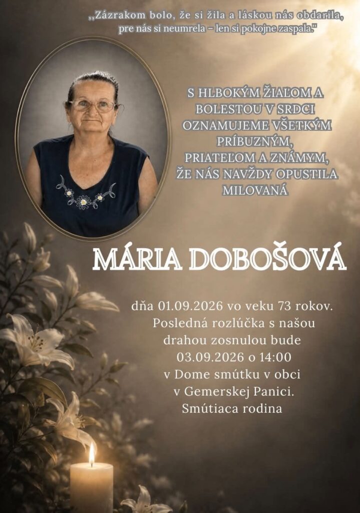 Parte – Mária Dobošová, posledná rozlúčka 3. septembra 2026 v Gemerskej Panici
