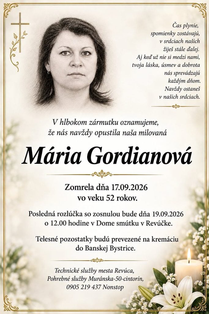 Parte – smútočné oznámenie Márie Gordianovej, posledná rozlúčka 19. septembra 2026 v Revúcej