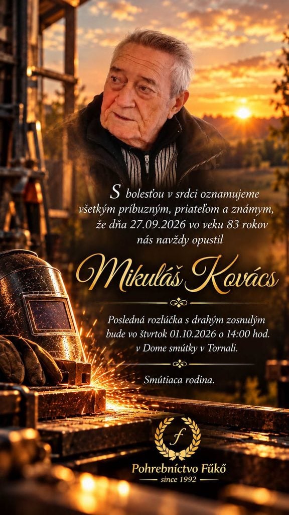 Mikuláš Kovács, posledná rozlúčka 1. októbra 2026 v Dome smútku v Tornali