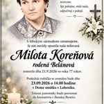 Parte – smútočné oznámenie Miloty Koreňovej, posledná rozlúčka 23. septembra 2026 v Lubeníku