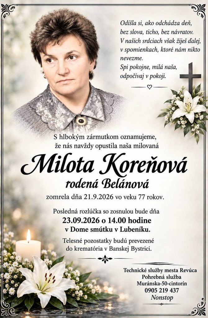 Parte – smútočné oznámenie Miloty Koreňovej, posledná rozlúčka 23. septembra 2026 v Lubeníku