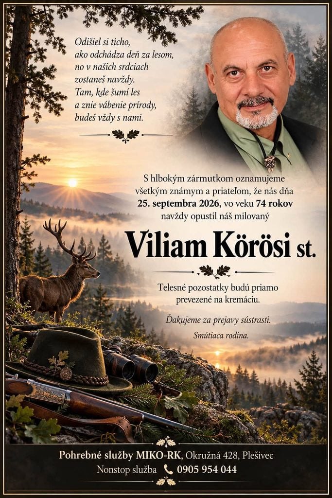 Parte – smútočné oznámenie Viliama Körösiho st., ktorý zomrel 25. septembra 2026 vo veku 74 rokov
