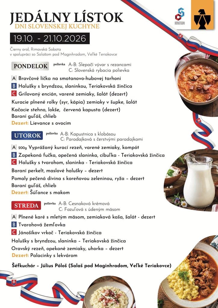 slovenská kuchyňa v Rimavskej Sobote jedálny lístok