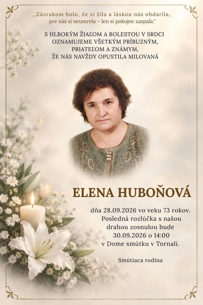 Parte – Elena Huboňová, posledná rozlúčka 30. septembra 2026 v Dome smútku v Tornali