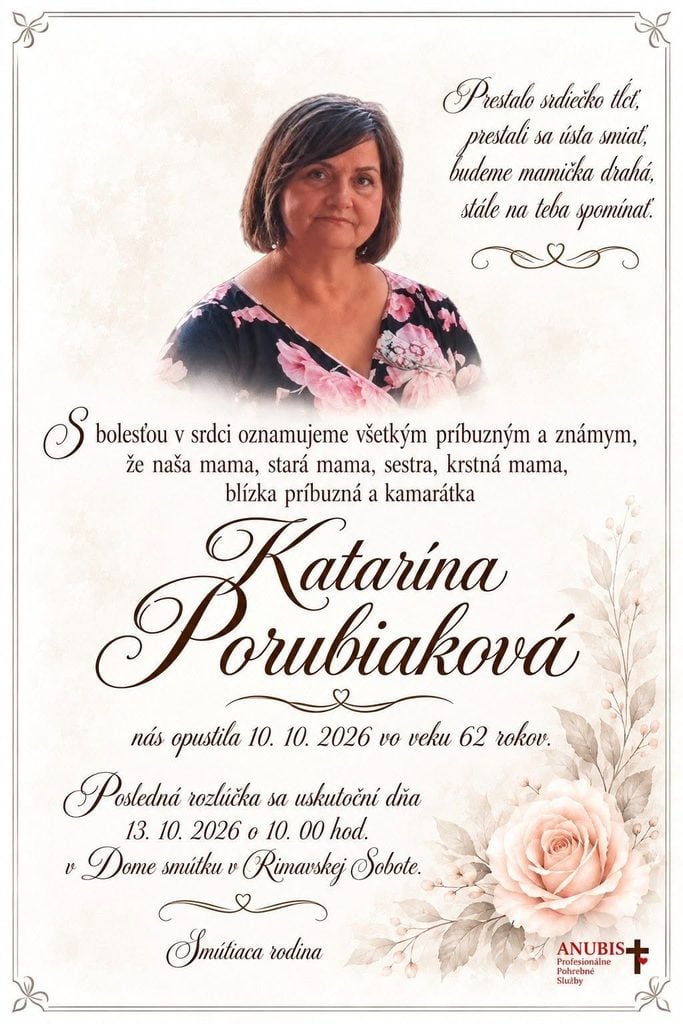Smútočné oznámenie Katarína Porubiaková 