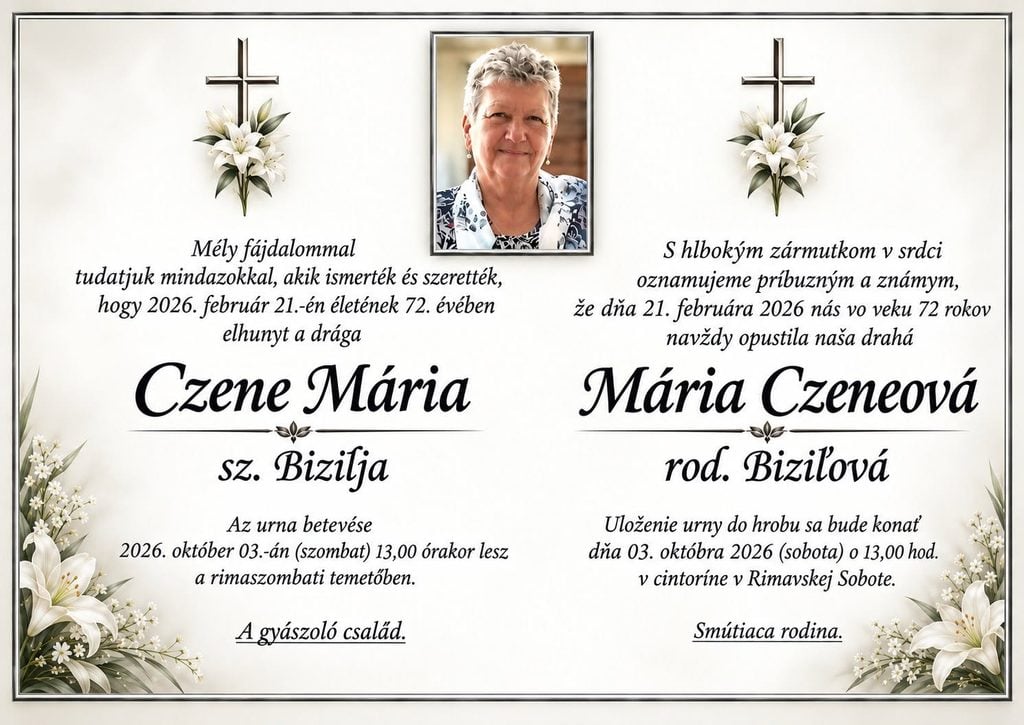 Parte – Mária Czeneová, uloženie urny 3. októbra 2026 na cintoríne v Rimavskej Sobote