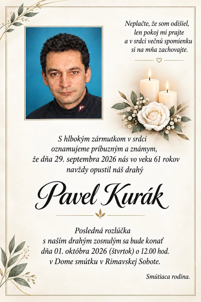 Parte – Pavel Kurák, posledná rozlúčka 1. októbra 2026 v Dome smútku v Rimavskej Sobote