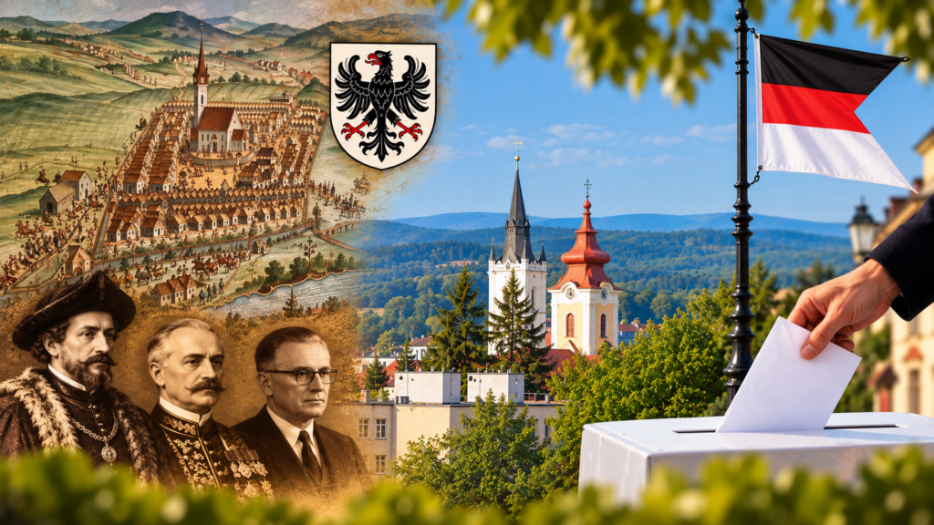 Ilustračná grafika vývoja mestskej samosprávy v Rimavskej Sobote od 16. storočia po súčasnosť. Historické postavy, erb a vlajka mesta, kostolné veže a volebná urna symbolizujú dejiny primátorov a komunálnych volieb.