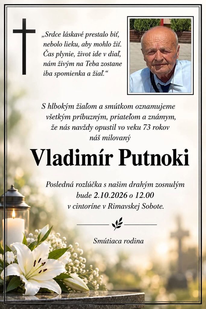 Parte – Vladimír Putnoki, posledná rozlúčka 2. októbra 2026 v Rimavskej Sobote