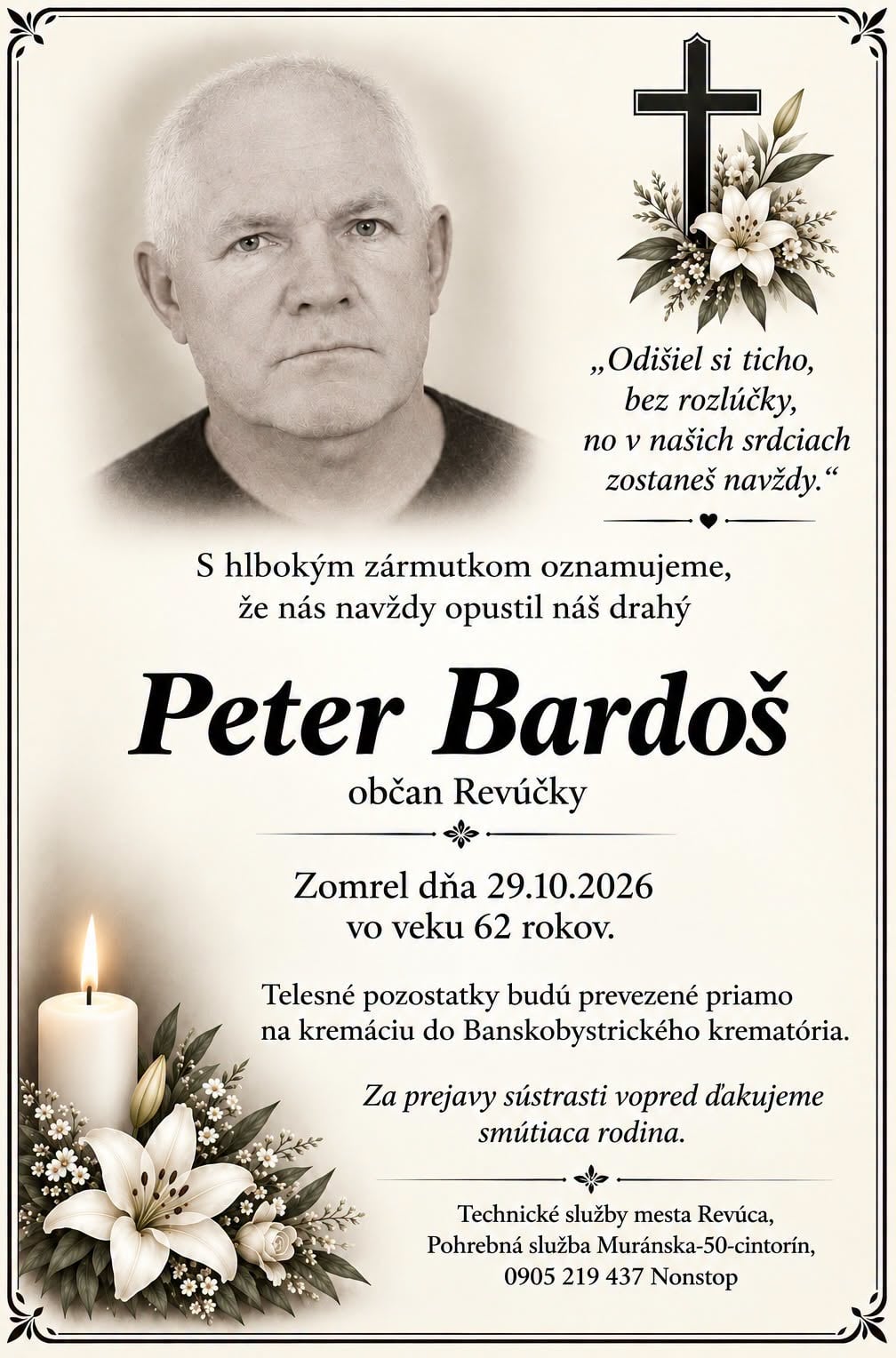 Smútočné oznámenie, Peter Bardoš († 62)