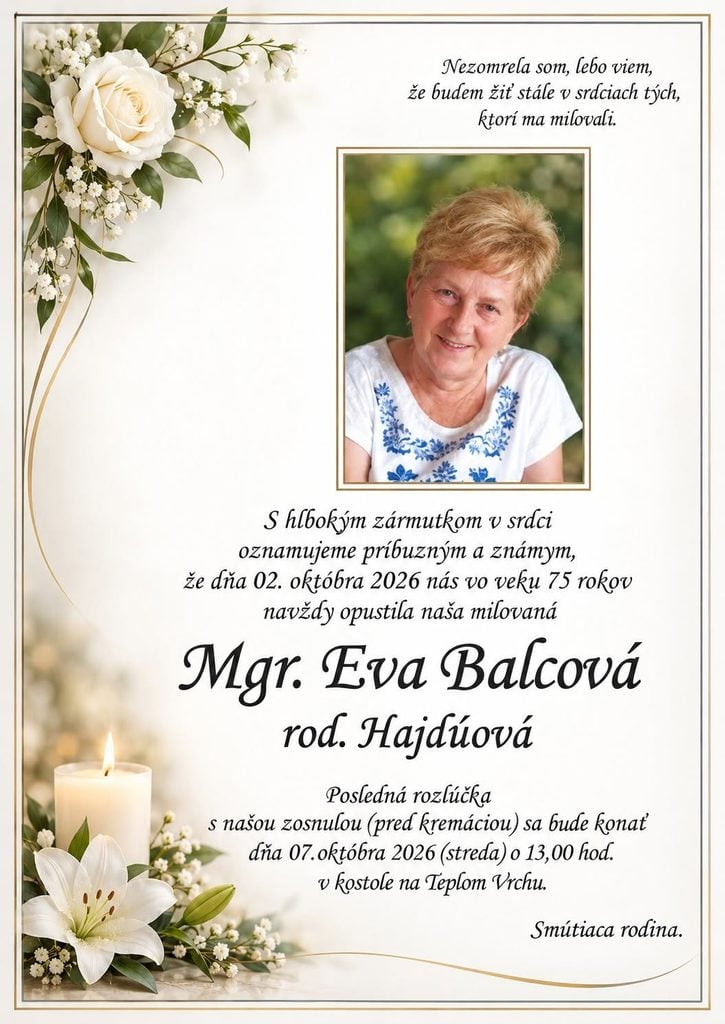 Parte – Mgr. Eva Balcová, rodená Hajdúová, posledná rozlúčka 7. októbra 2026 v kostole na Teplom Vrchu.