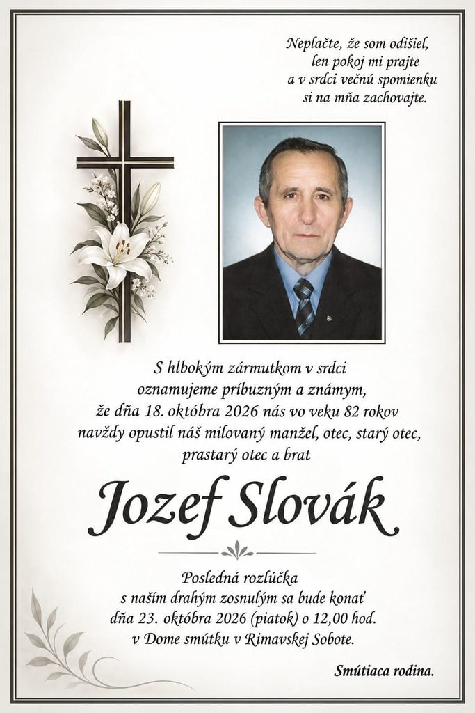 Parte – smútočné oznámenie Jozef Slovák (†82), posledná rozlúčka 23. októbra 2026 o 12.00 hod. v Dome smútku v Rimavskej Sobote.