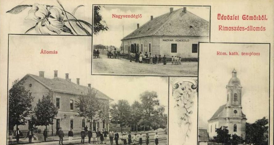 Dobová pohľadnica s hostincom uprostred, ďalšími budovami a rímskokatolíckym kostolom.
