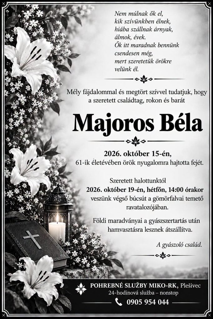 Smútočné oznámenie, Majoros Béla