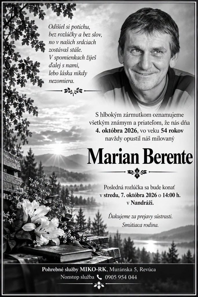 Parte – Marian Berente, ktorý zomrel vo veku 54 rokov, posledná rozlúčka 7. októbra 2026 o 14:00 v Nandráži.