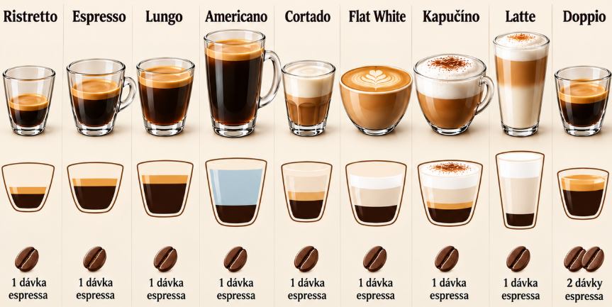 Prehľad kávových nápojov – ristretto, espresso, lungo, americano, cortado, flat white, kapučíno, latte a doppio s porovnaním množstva espressa