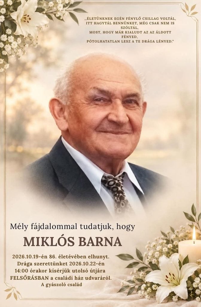Parte – smútočné oznámenie Miklós Barna (†86), posledná rozlúčka 22. októbra 2026 o 14.00 hod. v Rašiciach.