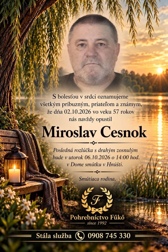 Parte – Miroslav Cesnok, posledná rozlúčka 6. októbra 2026 o 14:00 hod. v Dome smútku v Hnúšti.