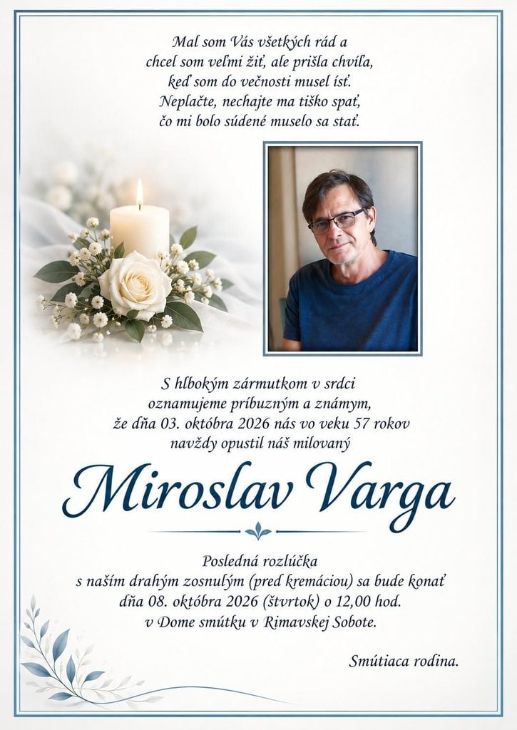 Parte – Miroslav Varga, posledná rozlúčka 8. októbra 2026 o 12:00 v Dome smútku v Rimavskej Sobote.