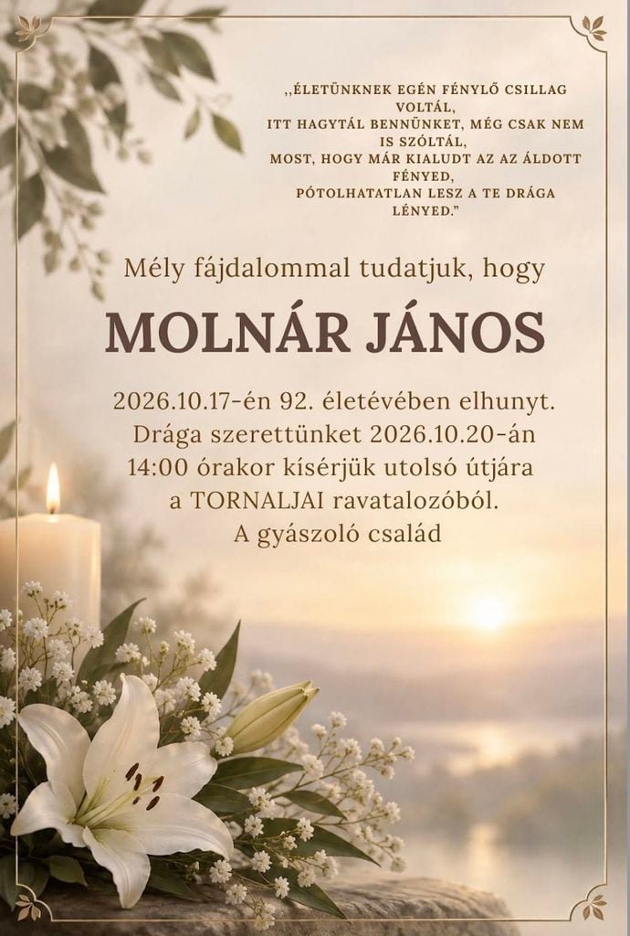 Parte – smútočné oznámenie Molnár János (†92), posledná rozlúčka 20. októbra 2026 o 14.00 hod. v Tornali.