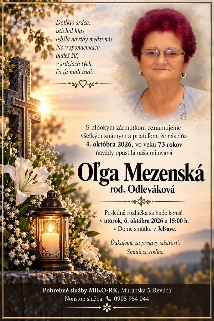 Parte – Oľga Mezenská, rodená Odleváková, posledná rozlúčka 6. októbra 2026 v Dome smútku v Jelšave.