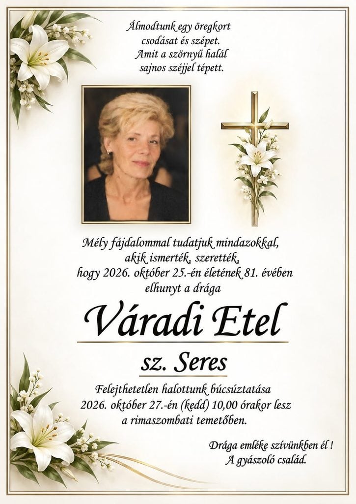 Smútočné oznámenie, Váradi Etel