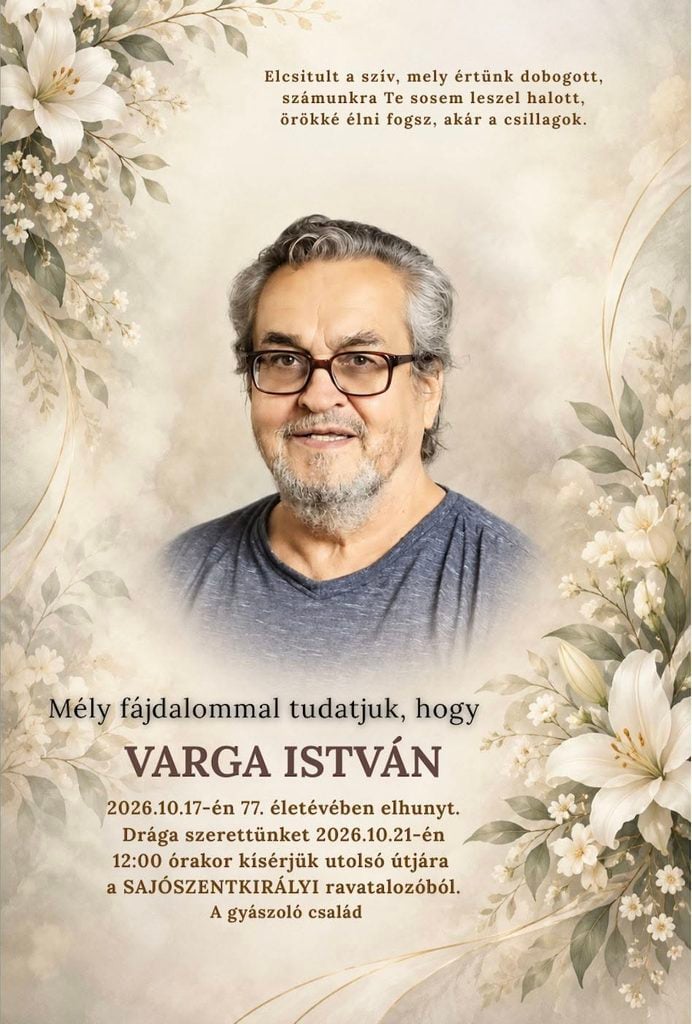 Parte – smútočné oznámenie Varga István (†77), posledná rozlúčka 21. októbra 2026 o 12.00 hod. v Dome smútku v obci Kráľ.