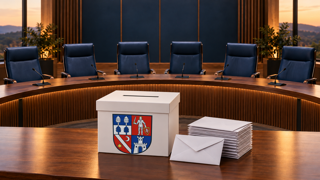 Voľby do BBSK – volebná urna a šesť poslaneckých kresiel.