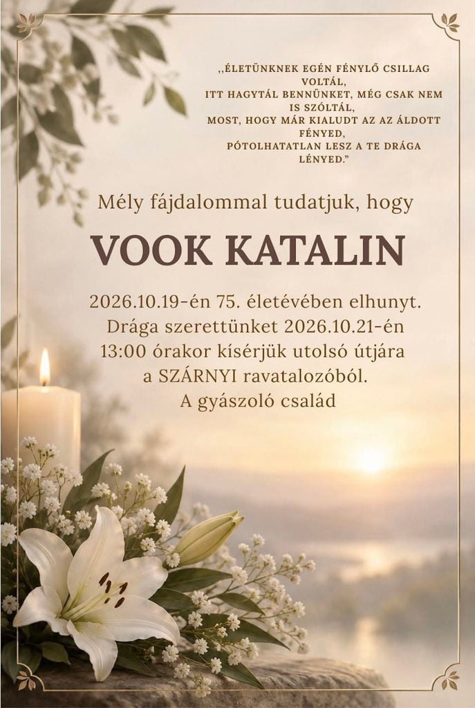 Parte – smútočné oznámenie Vook Katalin (†75), posledná rozlúčka 21. októbra 2026 o 13.00 hod. v Starni. 