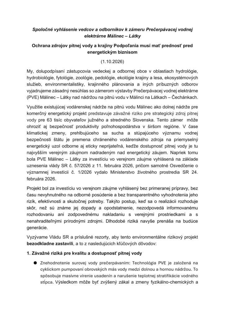 Vyhlásenie vedcov PVE Málinec
